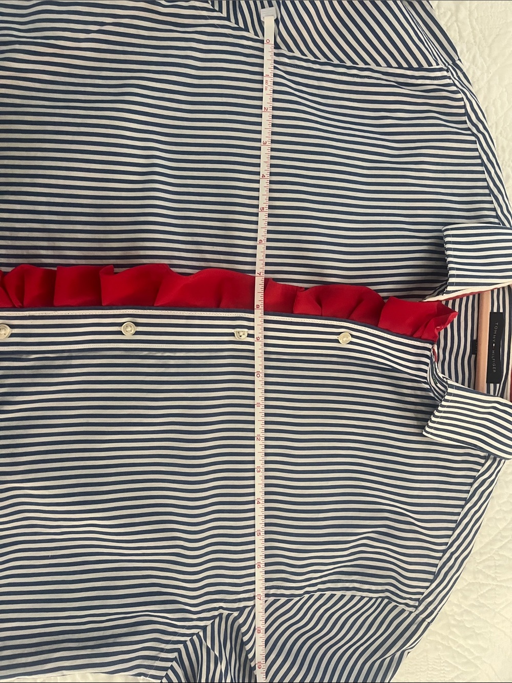 Tommy Hilfiger Navy and White Striped Shirt with Red Ruffle and flag embroidery - Picture 9 of 10